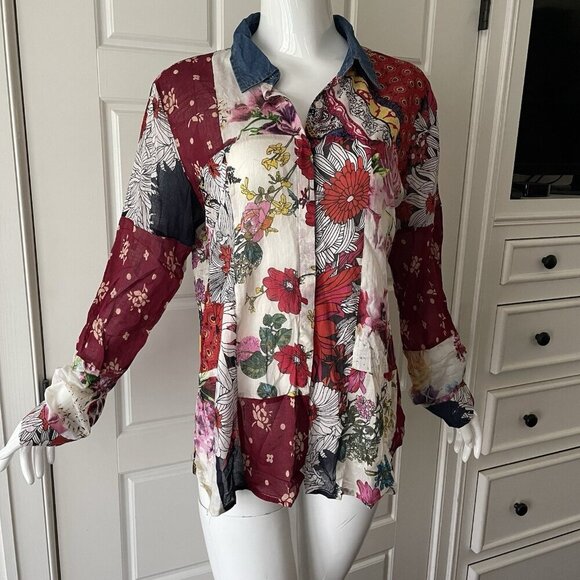 VINTAGE GOA Tops - VINTAGE GOA FLORAL PATCHWORK SEMI SHEER COTTON BUTTON UP ROLL TAB TOP Medium